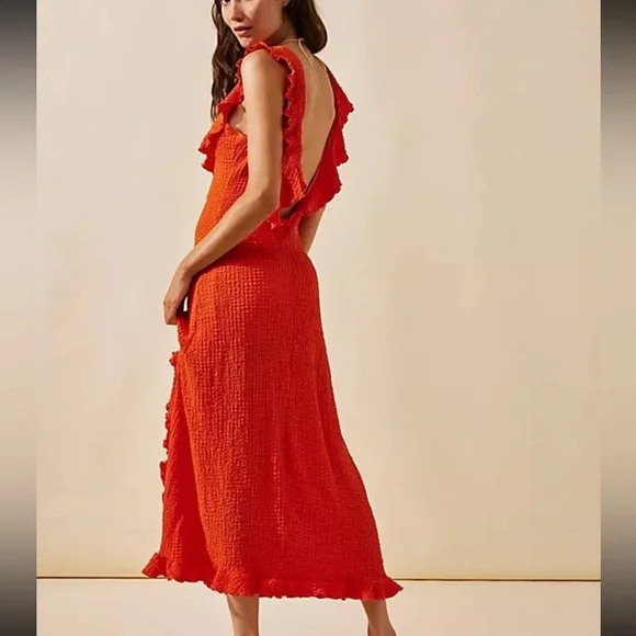 NWT Free people bright orange ruffle low back beach dress size L - Picture 3 of 7